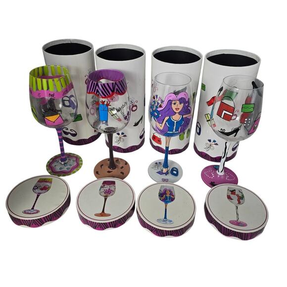 Set of 4 Hand Painted Wine Glasses NWT No chips or‎ cracks - Picture 1 of 11
